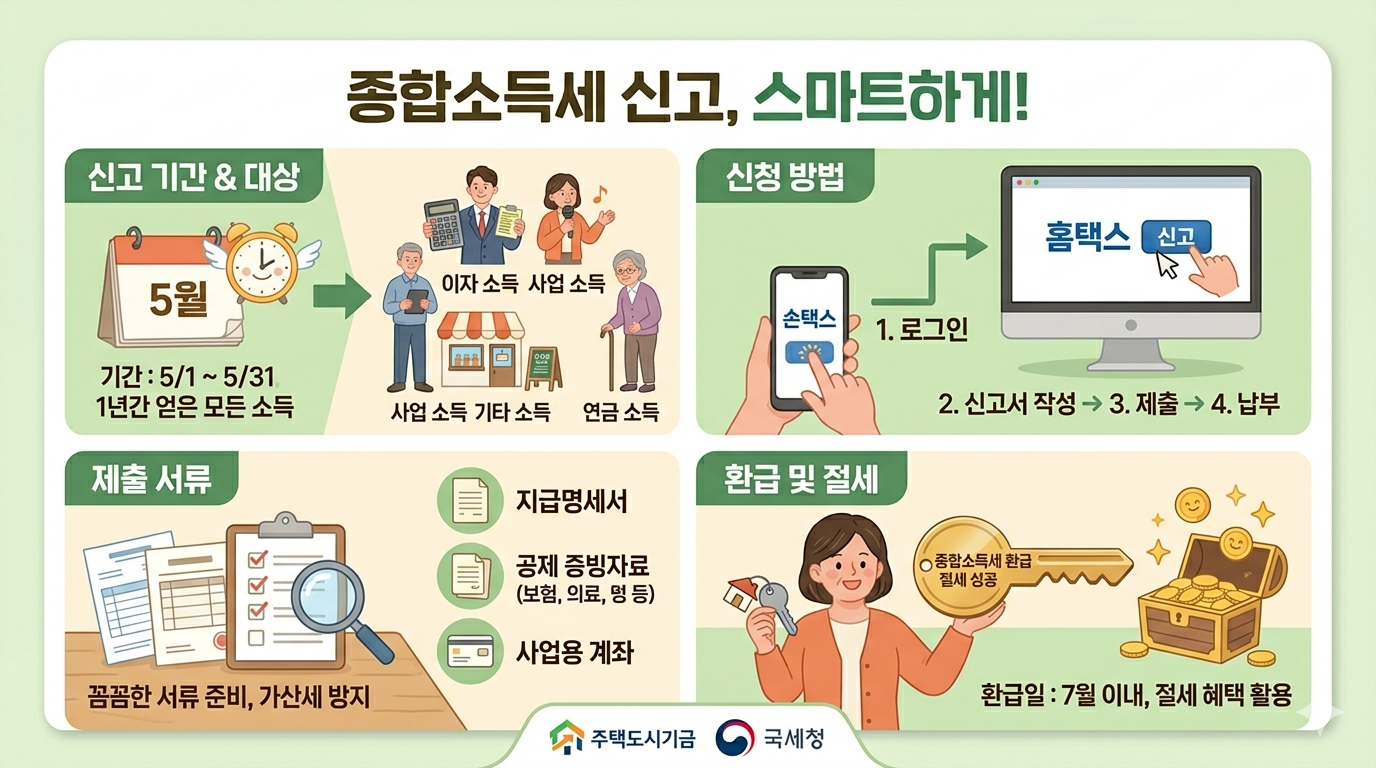2026년 종합소득세 신고 방법 총정리 | 대상자·기간·홈택스 신고·환급 한눈에 Gemini_Generated_Image_hbiklphbiklphbik